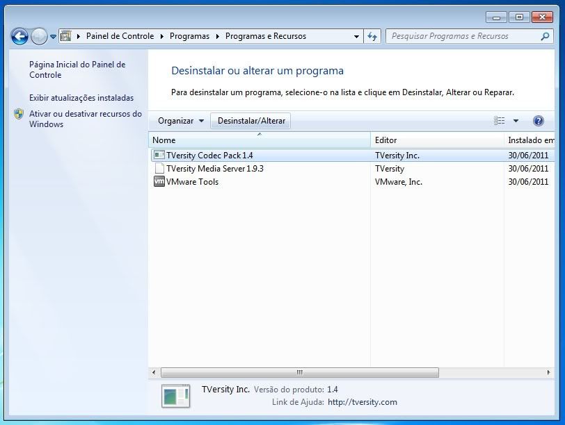 Acesse o Painel de Controle e desinstale o TVersity Codec Pack, mas mantenha o Media Server!