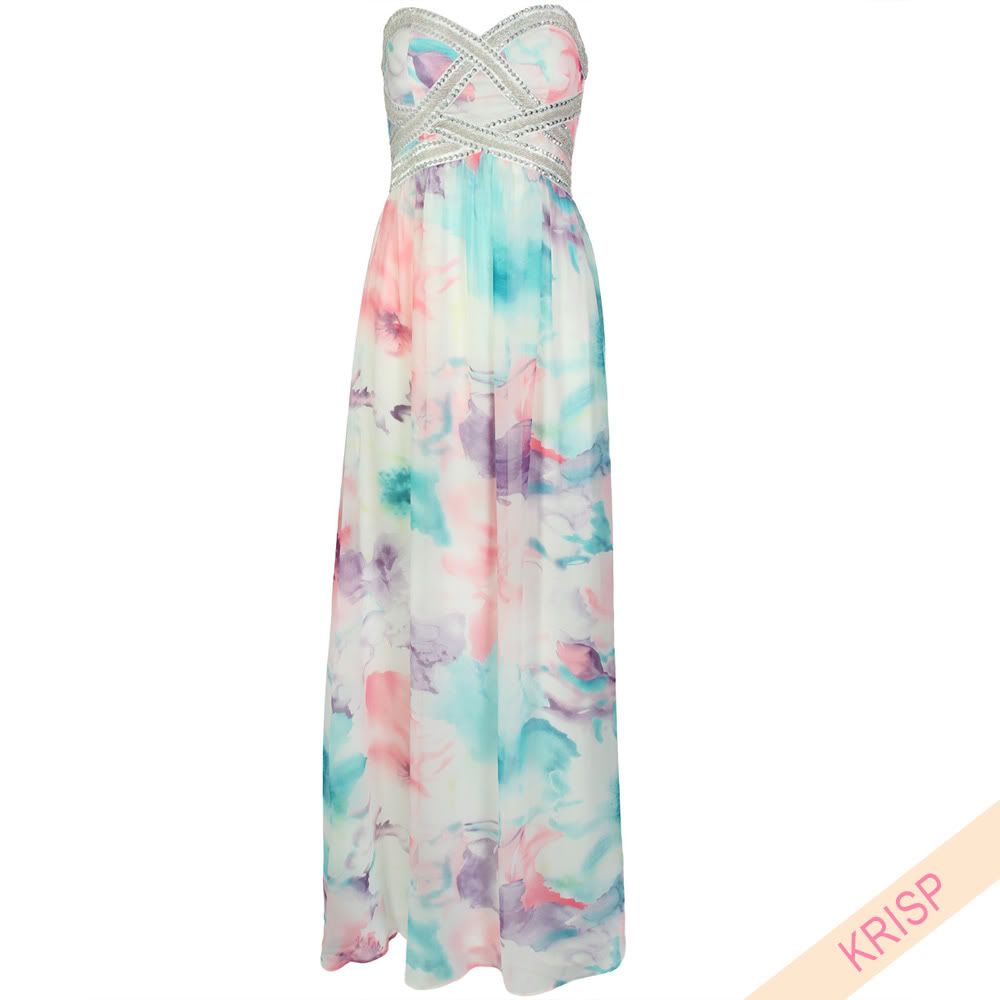 Pastel Chiffon Sequin Gem Embellished Maxi Dress Prom Party Gown ...