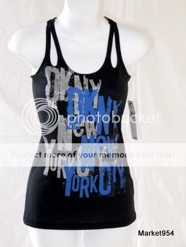 DKNY Tank Top New York Glitter Back Knot S Black, Teal & White Donna 