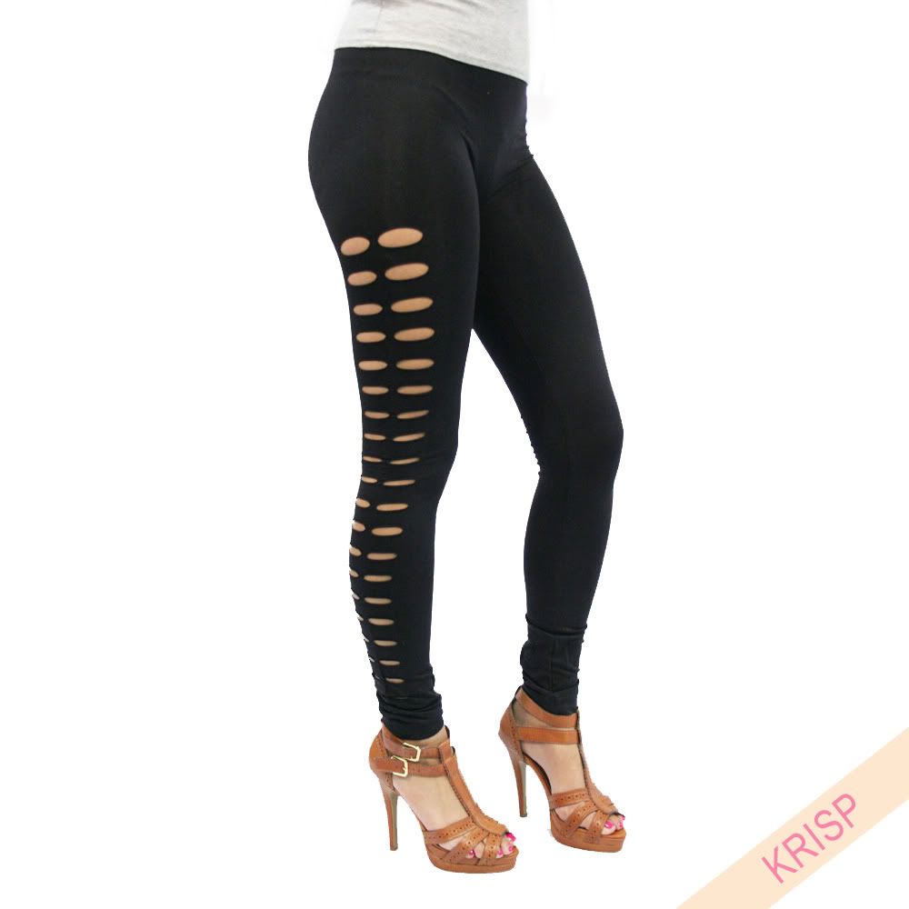 Ladies Cutout Open Side Ripped Slashed Torn Leggings Tight Full Ankle ...