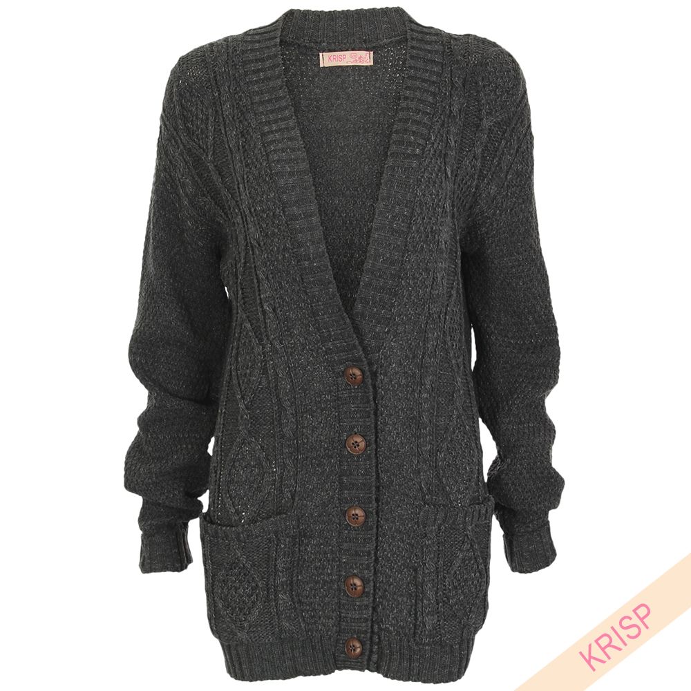 Women Chunky Cable Knit Cardigan Slouch Oversized Long Aran Grandad ...