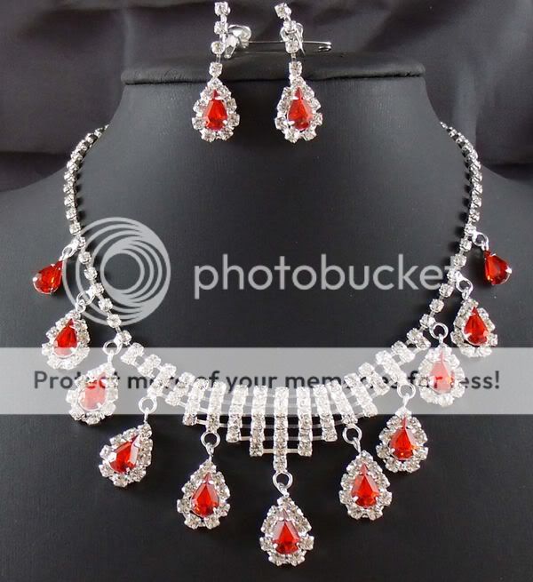 Wedding Bridal Ruby crystal necklace drop earring Sliver Jewelry set 