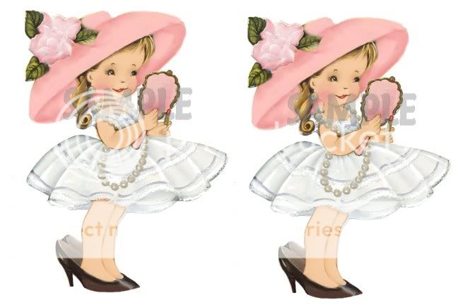 Vintage Little Girl Playing Dress up with big Pink Hat set of 2 prints 