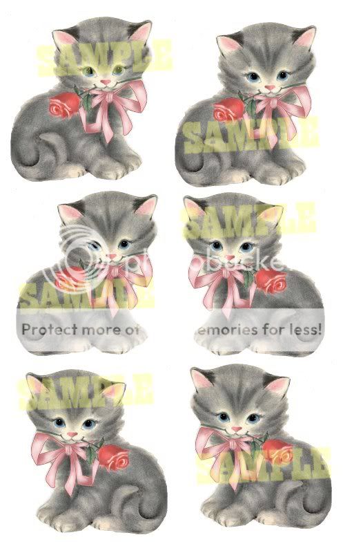 Vintage Cats with Pink Bow and Rose Prints set of 6 girl  